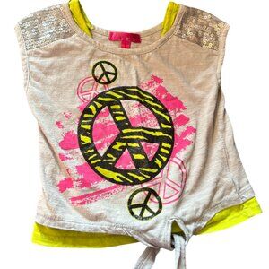 Cherry Stix girls gray retro style Peace sign top tie front sequins, neon 4t